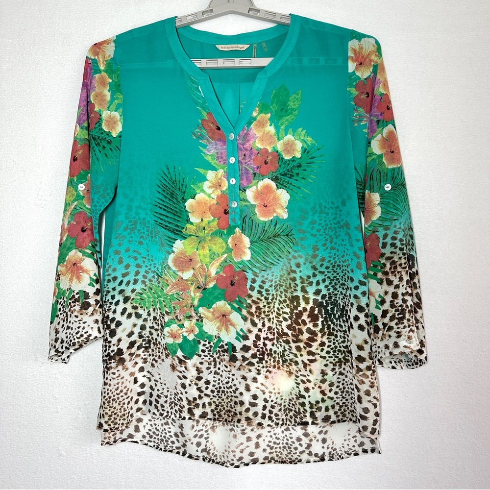 Soft Surroundings Blouse L Teal Green Sheer Leopard Floral Flowers Pullover Top